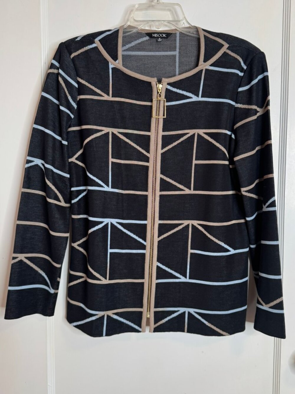 Misook Black Tan Blue Geometric Print Zip Up Cardigan sz M
